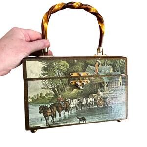 Vintage box purse decoupage country estate theme Lucite top handle bag lined